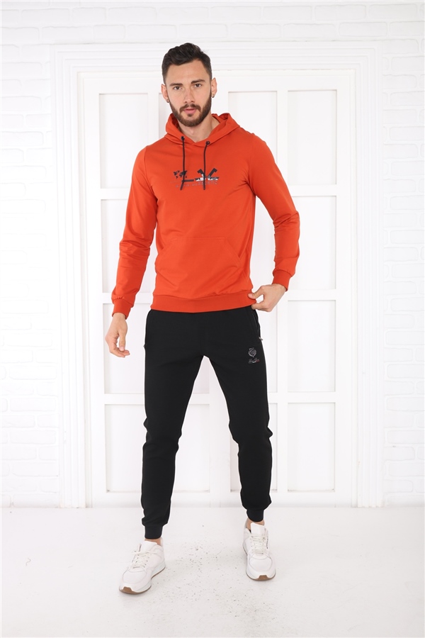 Escetic Erkek Slimfit Kiremit Cepli, 2 İplik Kapüşonlu Spor Sweatshirt 0950