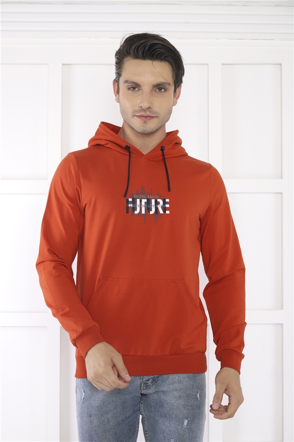 Escetic Erkek Slimfit Kiremit Cepli, 2 İplik Kapüşonlu Spor Sweatshirt 0949