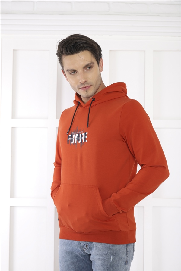 Escetic Erkek Slimfit Kiremit Cepli, 2 İplik Kapüşonlu Spor Sweatshirt 0949