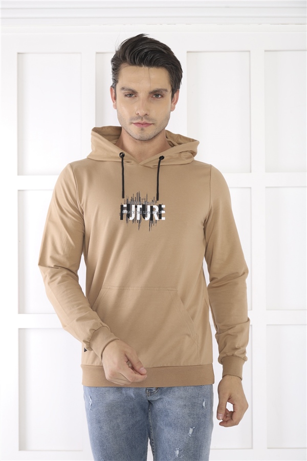 Escetic Erkek Slimfit Koyu Vizon Cepli, 2 İplik Kapüşonlu Spor Sweatshirt 0949