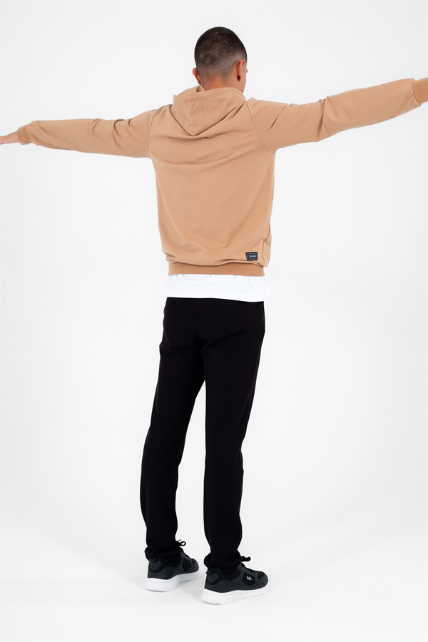 Escetic Erkek Slimfit Koyu Vizon Cepli, 2 İplik Kapüşonlu Spor Sweatshirt 0950