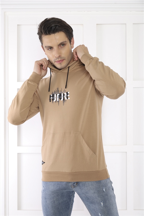 Escetic Erkek Slimfit Koyu Vizon Cepli, 2 İplik Kapüşonlu Spor Sweatshirt 0949