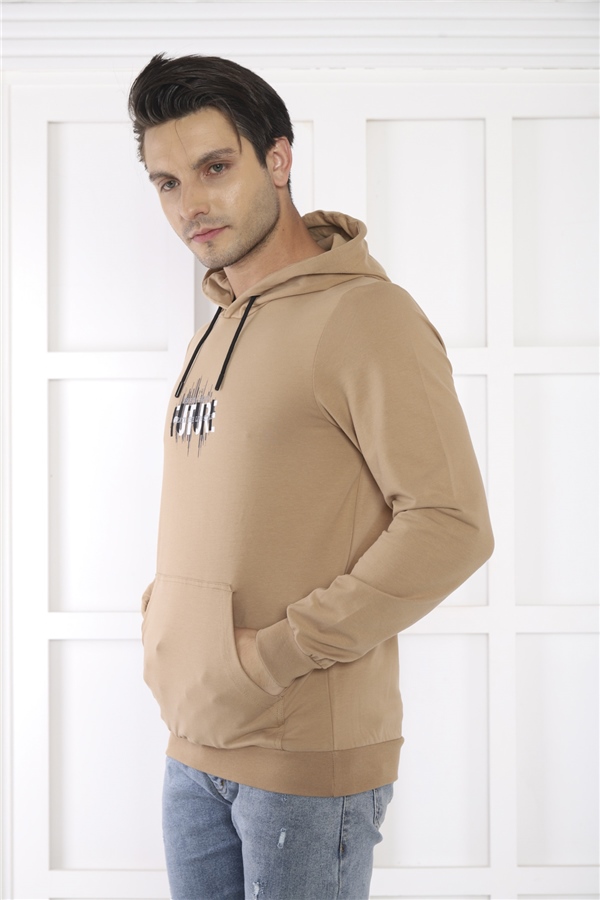Escetic Erkek Slimfit Koyu Vizon Cepli, 2 İplik Kapüşonlu Spor Sweatshirt 0949