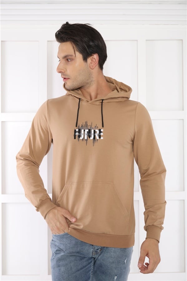Escetic Erkek Slimfit Koyu Vizon Cepli, 2 İplik Kapüşonlu Spor Sweatshirt 0949