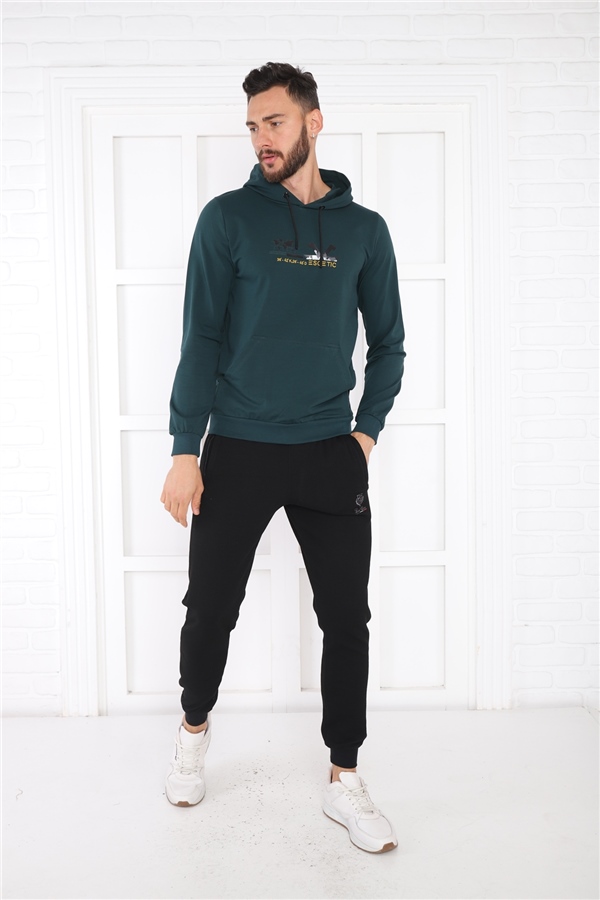 Escetic Erkek Slimfit Yeşil Cepli, 2 İplik Kapüşonlu Spor Sweatshirt 0950