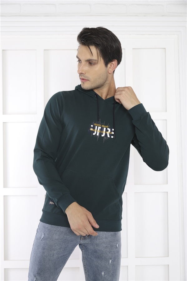 Escetic Erkek Slimfit Yeşil Cepli, 2 İplik Kapüşonlu Spor Sweatshirt 0949