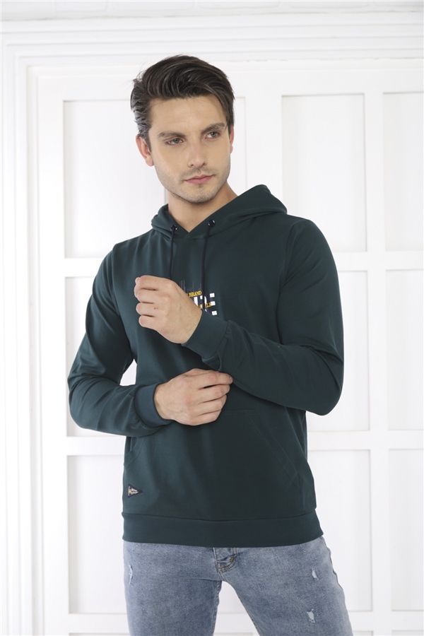 Escetic Erkek Slimfit Yeşil Cepli, 2 İplik Kapüşonlu Spor Sweatshirt 0949