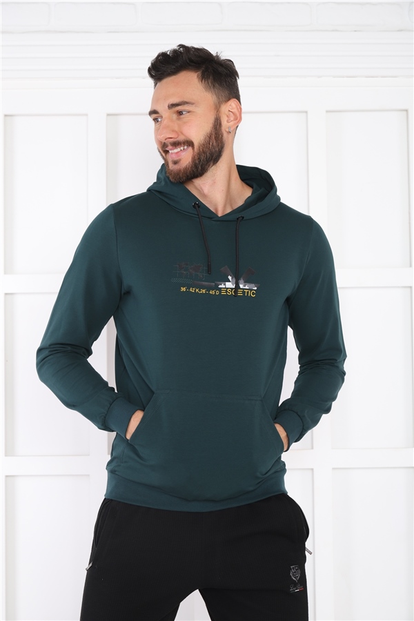 Escetic Erkek Slimfit Yeşil Cepli, 2 İplik Kapüşonlu Spor Sweatshirt 0950