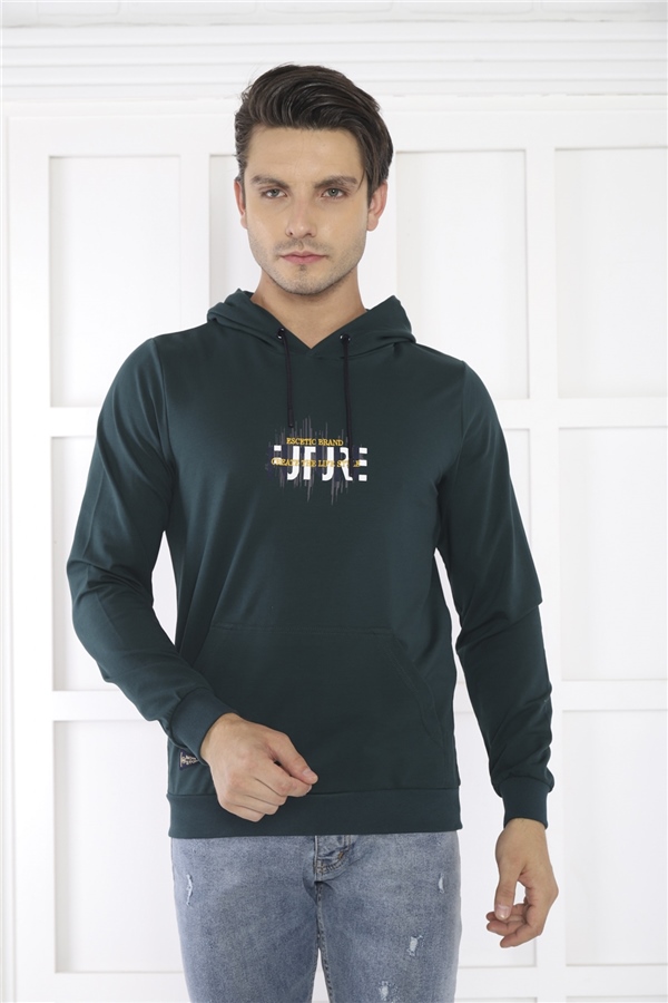 Escetic Erkek Slimfit Yeşil Cepli, 2 İplik Kapüşonlu Spor Sweatshirt 0949