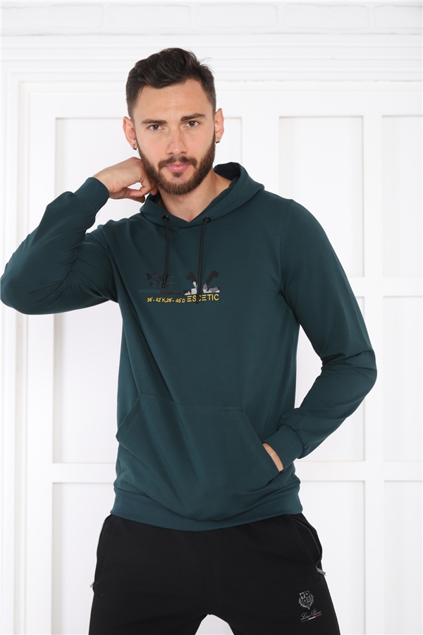 Escetic Erkek Slimfit Yeşil Cepli, 2 İplik Kapüşonlu Spor Sweatshirt 0950