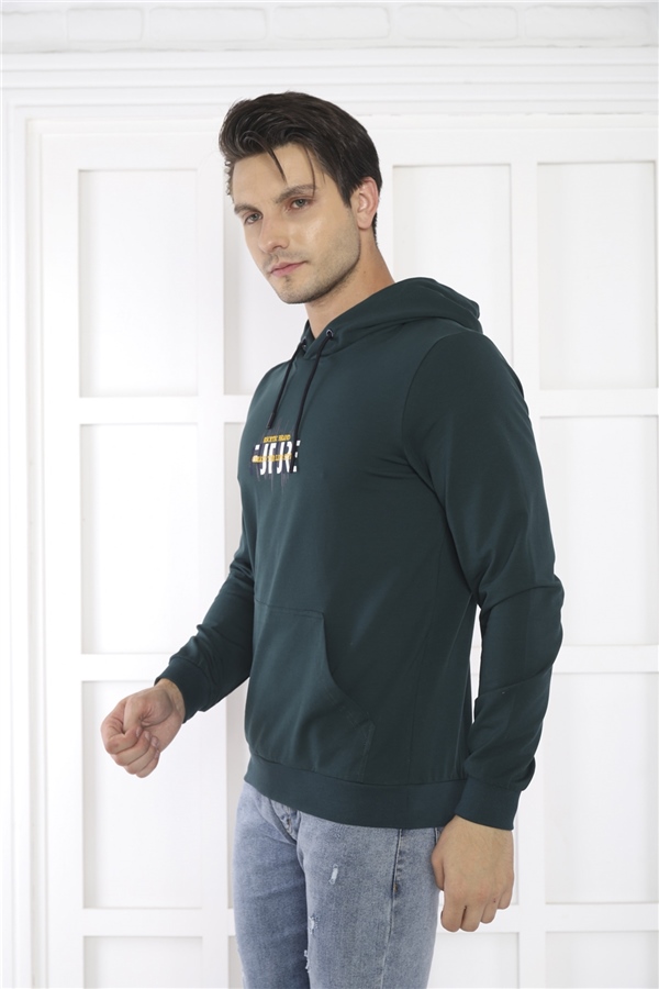 Escetic Erkek Slimfit Yeşil Cepli, 2 İplik Kapüşonlu Spor Sweatshirt 0949