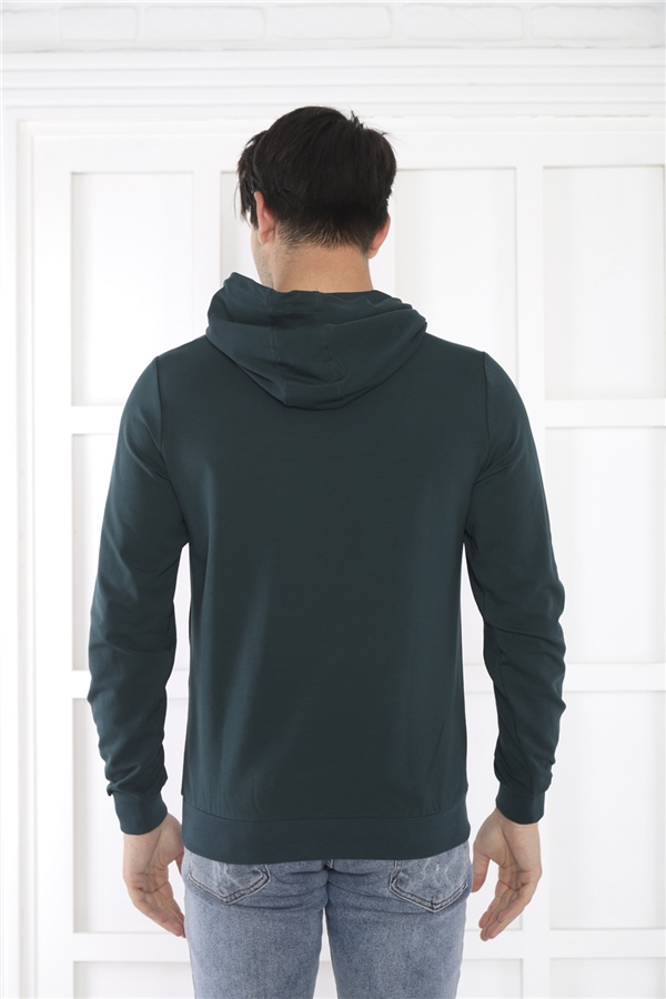 Escetic Erkek Slimfit Yeşil Cepli, 2 İplik Kapüşonlu Spor Sweatshirt 0949