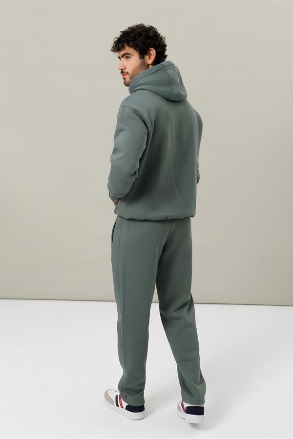 Escetic Su Yeşili Polarlı Rahat Kalıp Kalın Kışlık Erkek Eşofman Takımı A3138