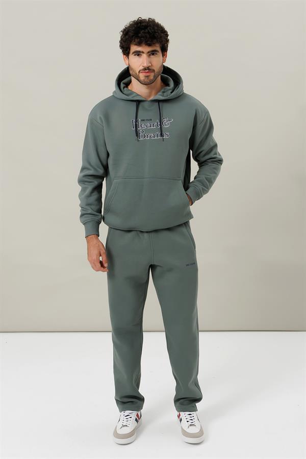 Escetic Su Yeşili Polarlı Rahat Kalıp Kalın Kışlık Erkek Eşofman Takımı A3138