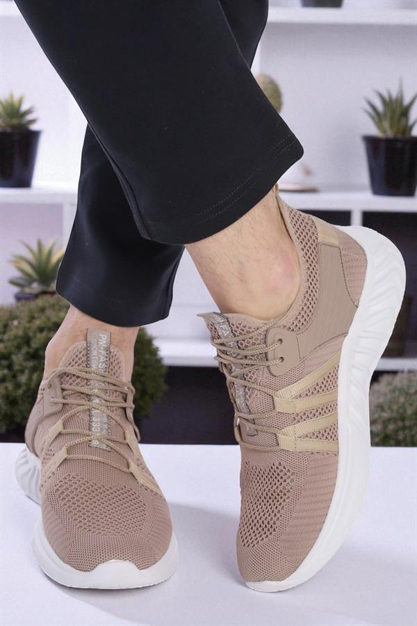 Escetic Triko Sütlü Kahve Erkek Sneaker, Nefes Alabilen Erkek Spor Ayakkabı, Hafif Yürüyüş Ayakkabısı AY0007