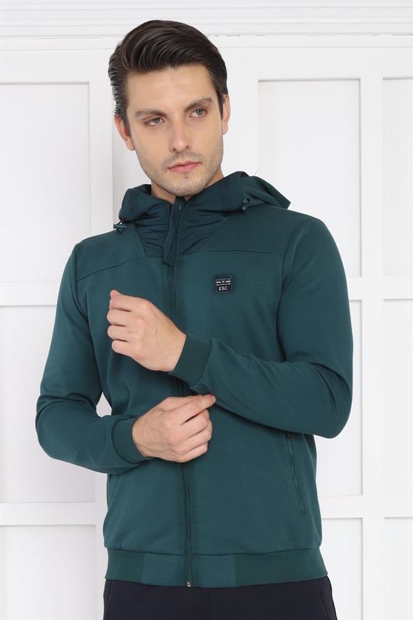 Escetic Yeşil Erkek Kapüşonlu 4 Cepli 4 Mevsim Pamuklu Spor Slimfit Eşofman Takımı 6756
