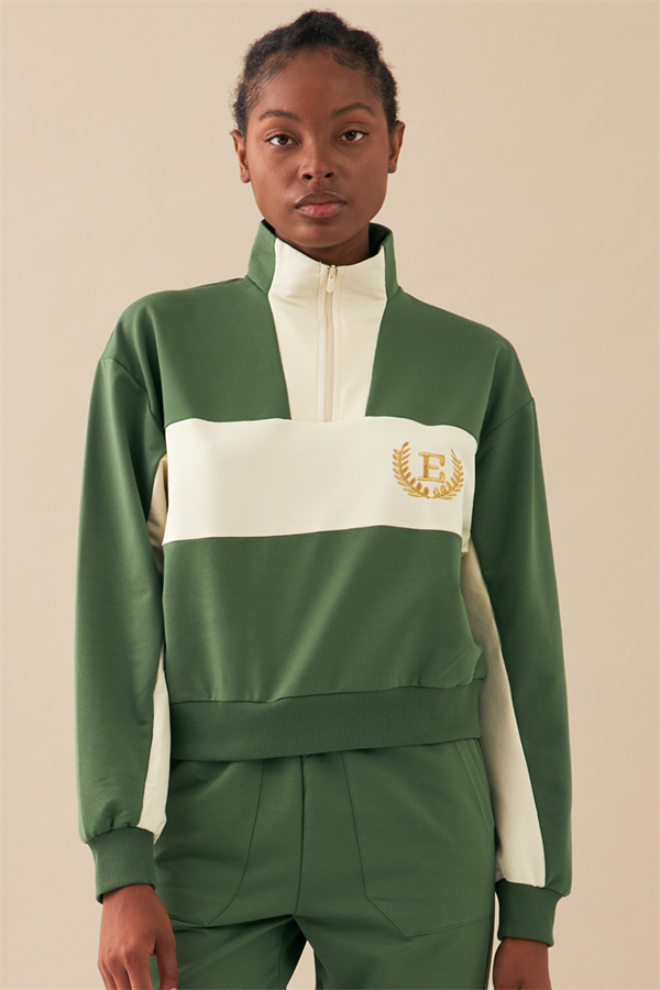 Escetic Yeşil Kadın Casual Dik Yaka Nefes Alan 2 İplik 4 Mevsim Spor Eşofman Takımı A3132