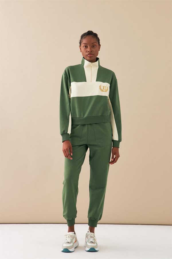 Escetic Yeşil Kadın Casual Dik Yaka Nefes Alan 2 İplik 4 Mevsim Spor Eşofman Takımı A3132