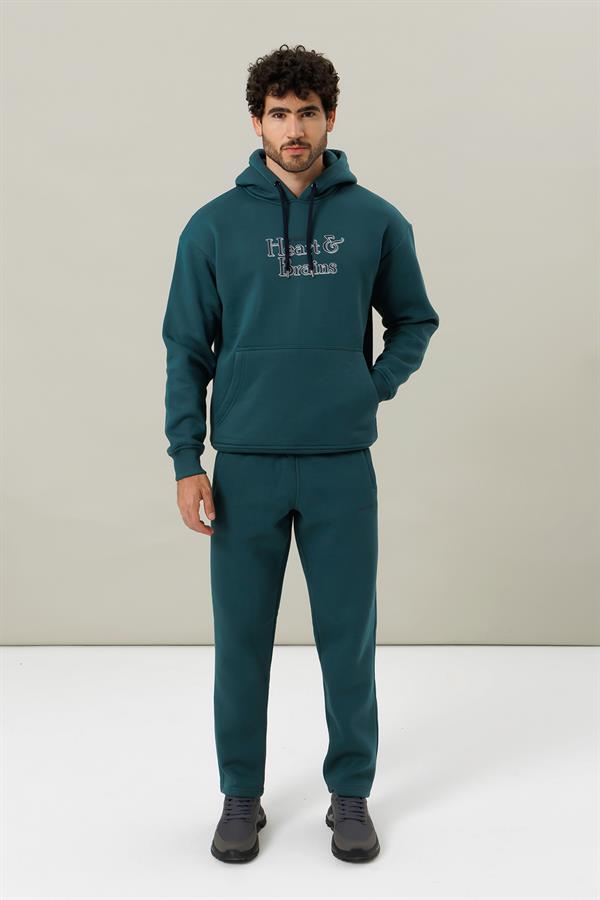 Escetic Yeşil Polarlı Rahat Kalıp Kalın Kışlık Erkek Eşofman Takımı A3138