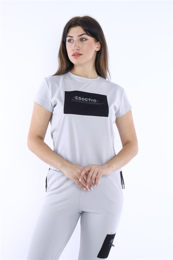 Escetic Gri Kadın Dokuma Detaylı ABD Pike Nefes Alan T-shirt Takım A3004