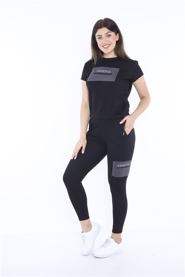 Escetic Siyah Kadın Dokuma Detaylı ABD Pike Nefes Alan T-shirt Takım A3004