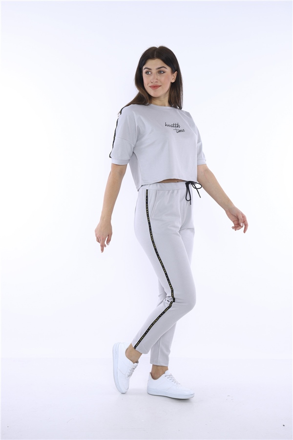 Escetic Gri Kadın Baskı Şerit Detaylı ABD Pike Nefes Alan T-shirt Takım A3000