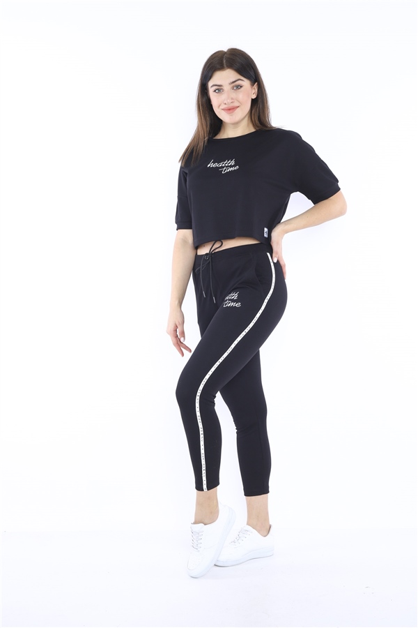 Escetic Siyah Kadın Baskı Şerit Detaylı ABD Pike Nefes Alan T-shirt Takım A3000