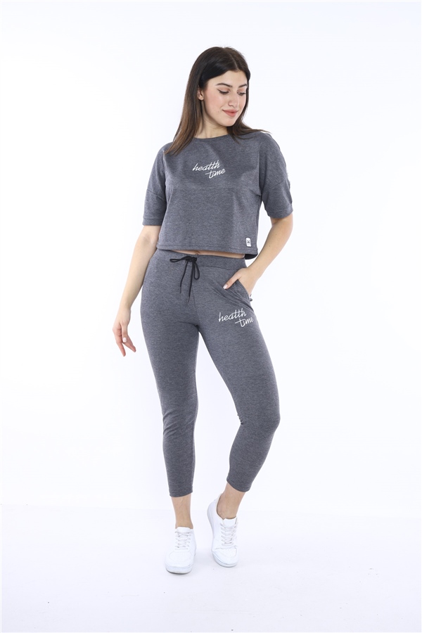 Escetic G3 Melanj Kadın Baskı Şerit Detaylı ABD Pike Nefes Alan T-shirt Takım A3000