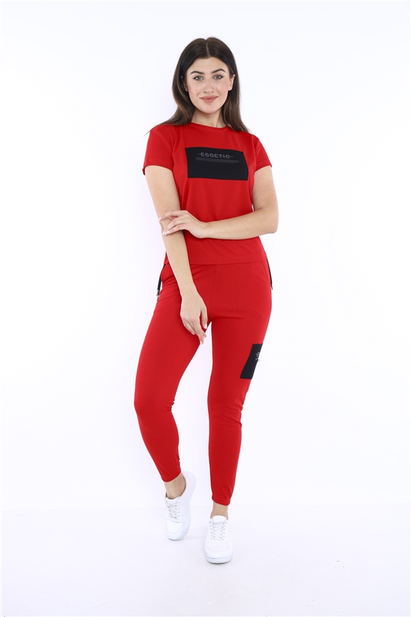 Escetic Kırmızı Kadın Dokuma Detaylı ABD Pike Nefes Alan T-shirt Takım A3004