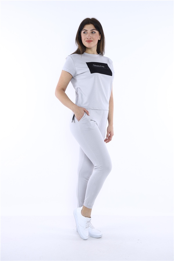 Escetic Gri Kadın Dokuma Detaylı ABD Pike Nefes Alan T-shirt Takım A3004