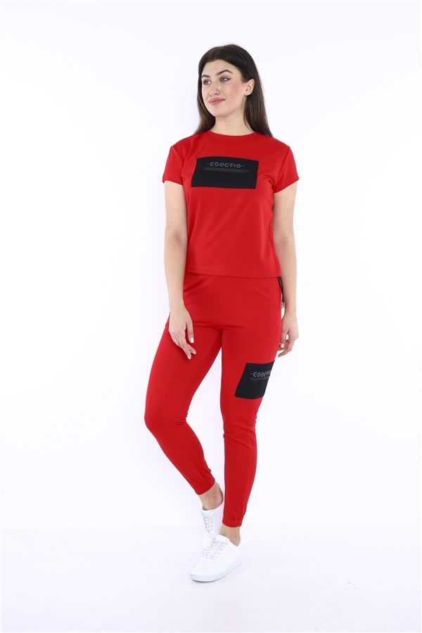 Escetic Kırmızı Kadın Dokuma Detaylı ABD Pike Nefes Alan T-shirt Takım A3004