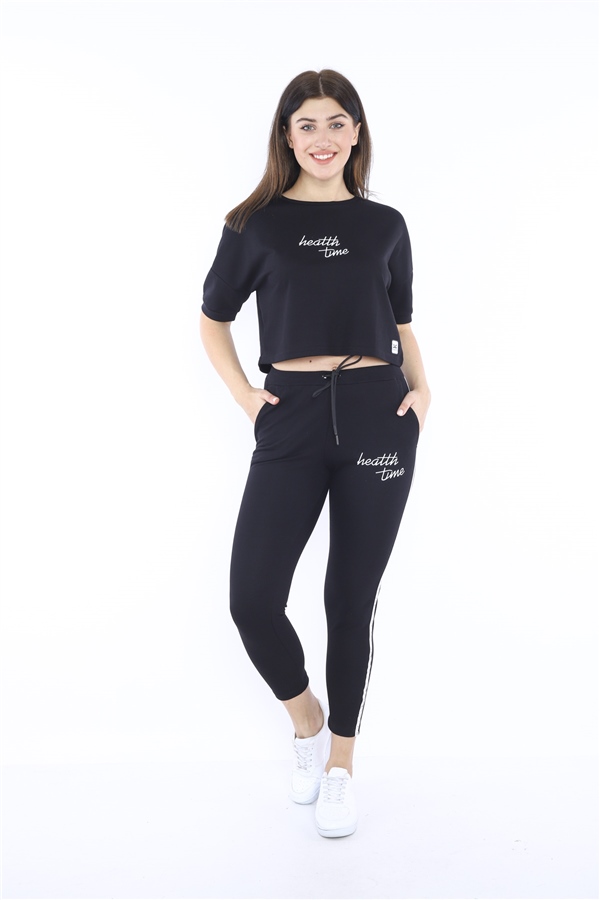 Escetic Siyah Kadın Baskı Şerit Detaylı ABD Pike Nefes Alan T-shirt Takım A3000