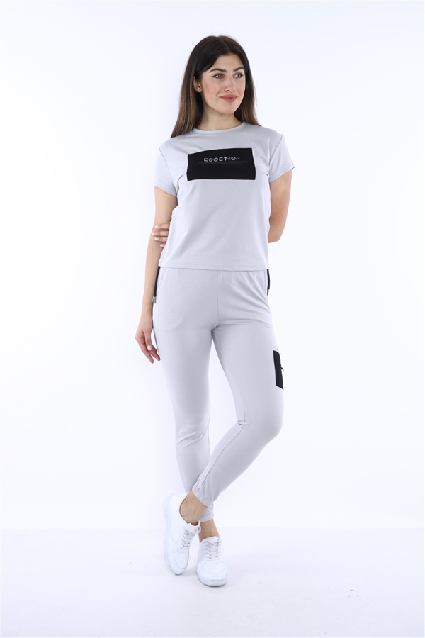 Escetic Gri Kadın Dokuma Detaylı ABD Pike Nefes Alan T-shirt Takım A3004