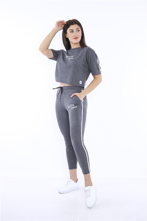 Escetic G3 Melanj Kadın Baskı Şerit Detaylı ABD Pike Nefes Alan T-shirt Takım A3000