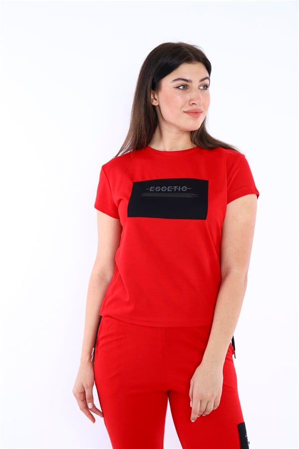 Escetic Kırmızı Kadın Dokuma Detaylı ABD Pike Nefes Alan T-shirt Takım A3004