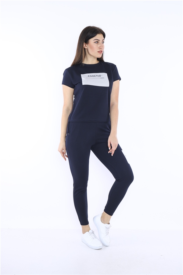 Escetic Lacivert Kadın Dokuma Detaylı ABD Pike Nefes Alan T-shirt Takım A3004