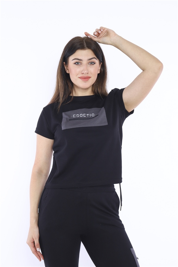 Escetic Siyah Kadın Dokuma Detaylı ABD Pike Nefes Alan T-shirt Takım A3004