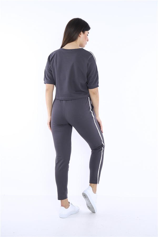 Escetic Füme Kadın Baskı Şerit Detaylı ABD Pike Nefes Alan T-shirt Takım A3000