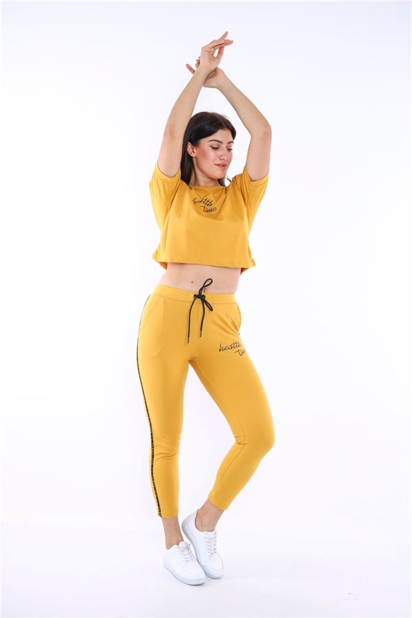 Escetic Hardal Kadın Baskı Şerit Detaylı ABD Pike Nefes Alan T-shirt Takım A3000