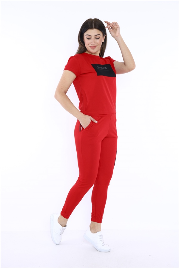 Escetic Kırmızı Kadın Dokuma Detaylı ABD Pike Nefes Alan T-shirt Takım A3004