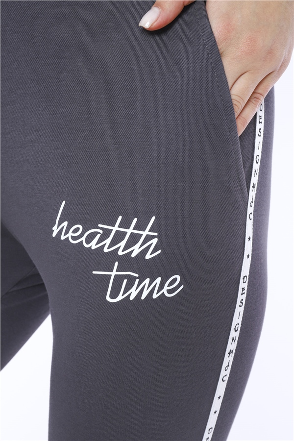 Escetic Füme Kadın Baskı Şerit Detaylı ABD Pike Nefes Alan T-shirt Takım A3000