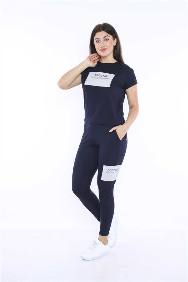 Escetic Lacivert Kadın Dokuma Detaylı ABD Pike Nefes Alan T-shirt Takım A3004