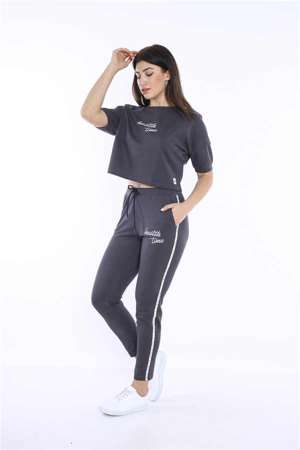 Escetic Füme Kadın Baskı Şerit Detaylı ABD Pike Nefes Alan T-shirt Takım A3000