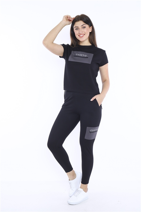 Escetic Siyah Kadın Dokuma Detaylı ABD Pike Nefes Alan T-shirt Takım A3004