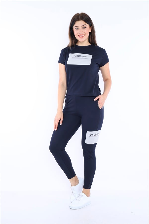 Escetic Lacivert Kadın Dokuma Detaylı ABD Pike Nefes Alan T-shirt Takım A3004