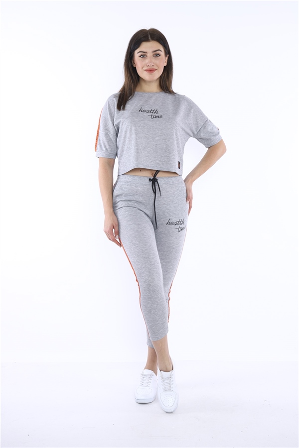 Escetic G2 Melanj Kadın Baskı Şerit Detaylı ABD Pike Nefes Alan T-shirt Takım A3000