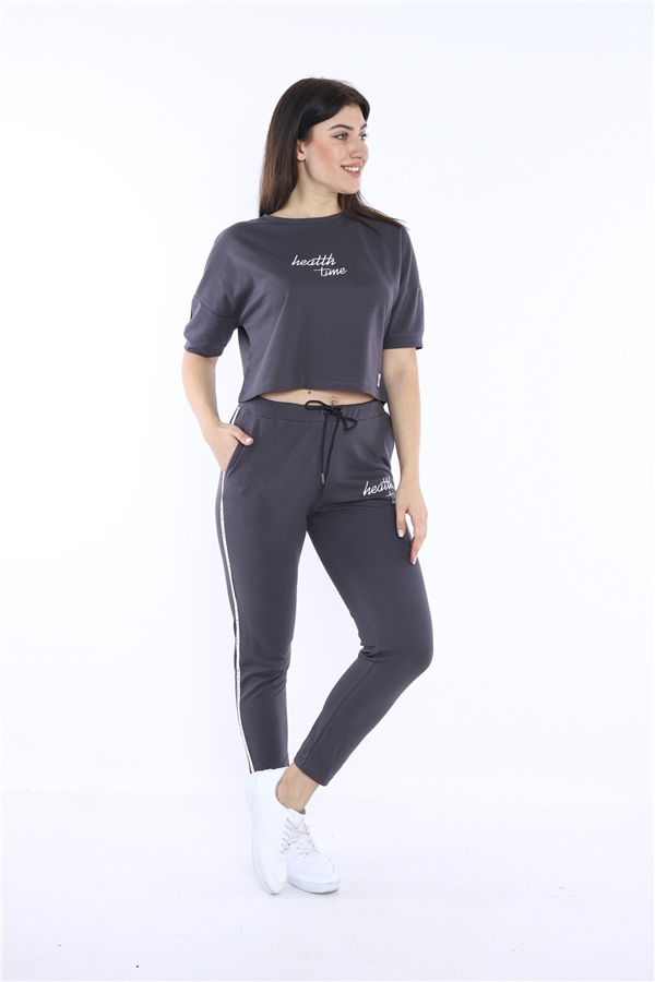 Escetic Füme Kadın Baskı Şerit Detaylı ABD Pike Nefes Alan T-shirt Takım A3000