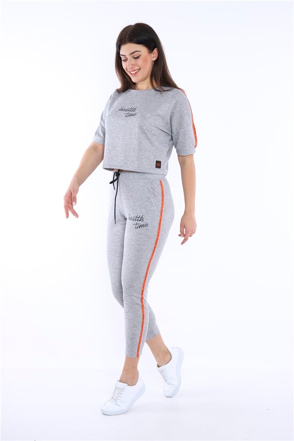 Escetic G2 Melanj Kadın Baskı Şerit Detaylı ABD Pike Nefes Alan T-shirt Takım A3000