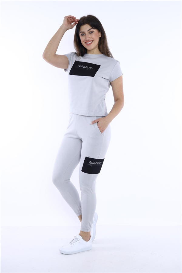 Escetic Gri Kadın Dokuma Detaylı ABD Pike Nefes Alan T-shirt Takım A3004