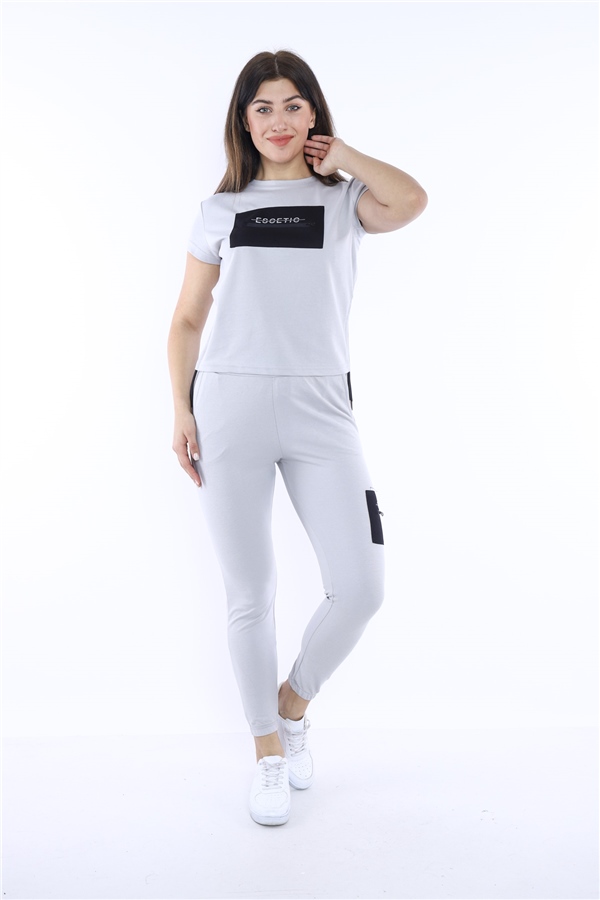 Escetic Gri Kadın Dokuma Detaylı ABD Pike Nefes Alan T-shirt Takım A3004